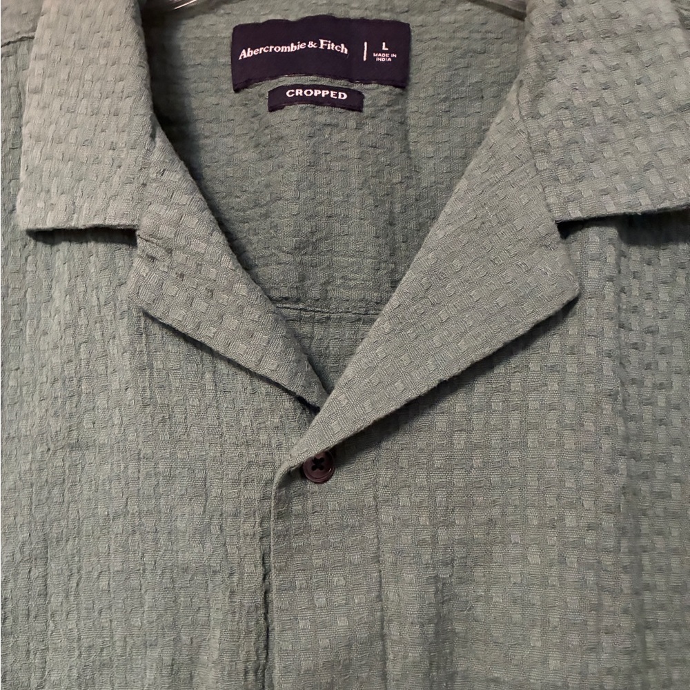 Abercrombie & Fitch Men’s Short sleeve Button Up Shirt Large  Green Cropped - Picture 3 of 5